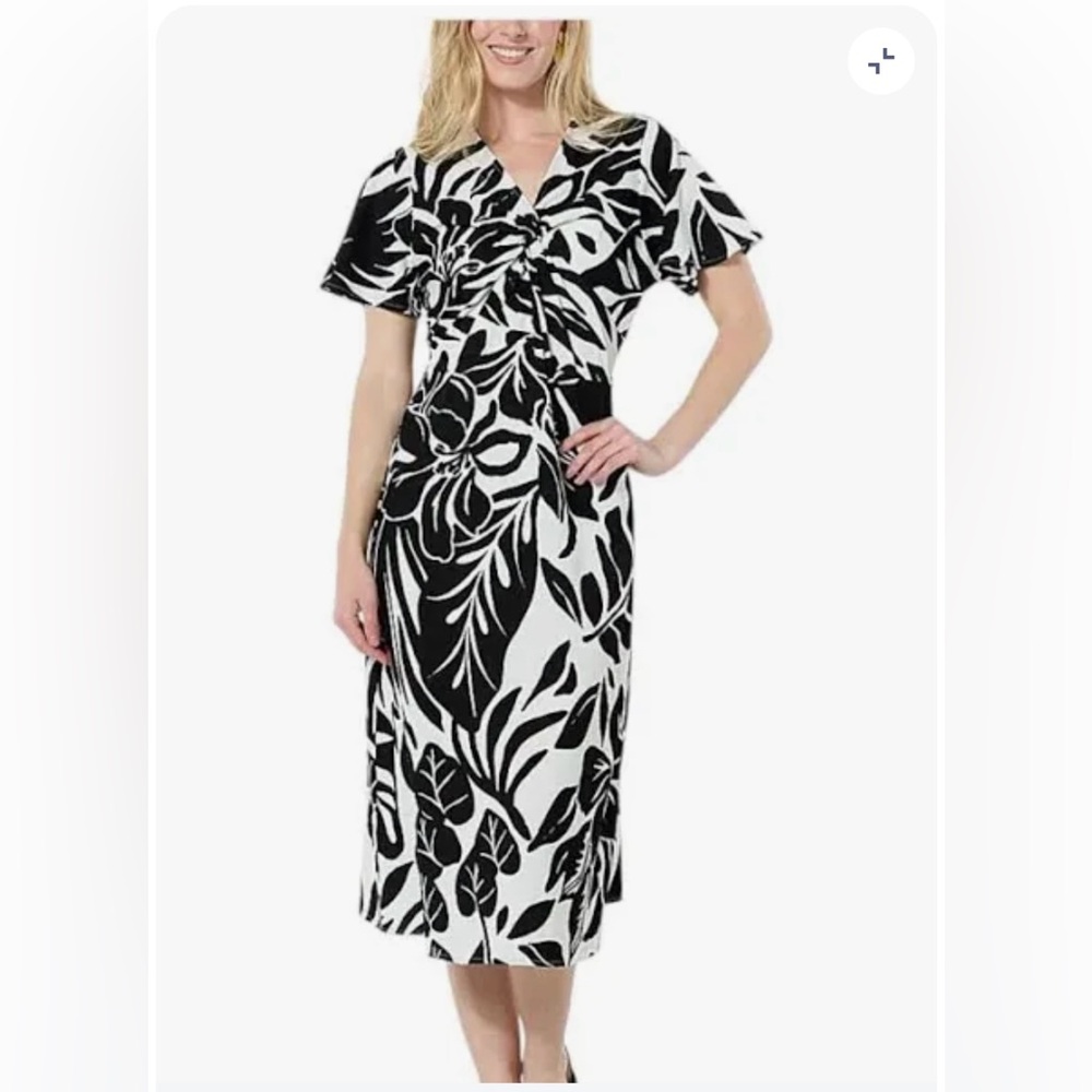 NWT DG2 Diane Gilman Elegant Black and White leaf printed Dress sz M
